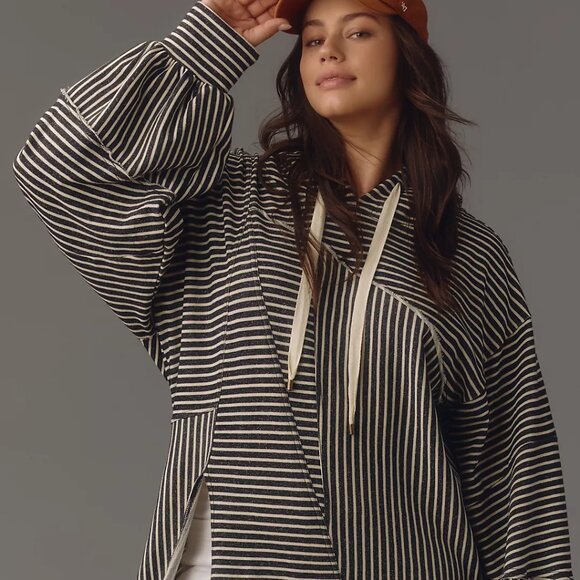 New Anthropologie Pilcro Patchwork Hooded Sweatshirt Black & White Striped NWT - Picture 3 of 6